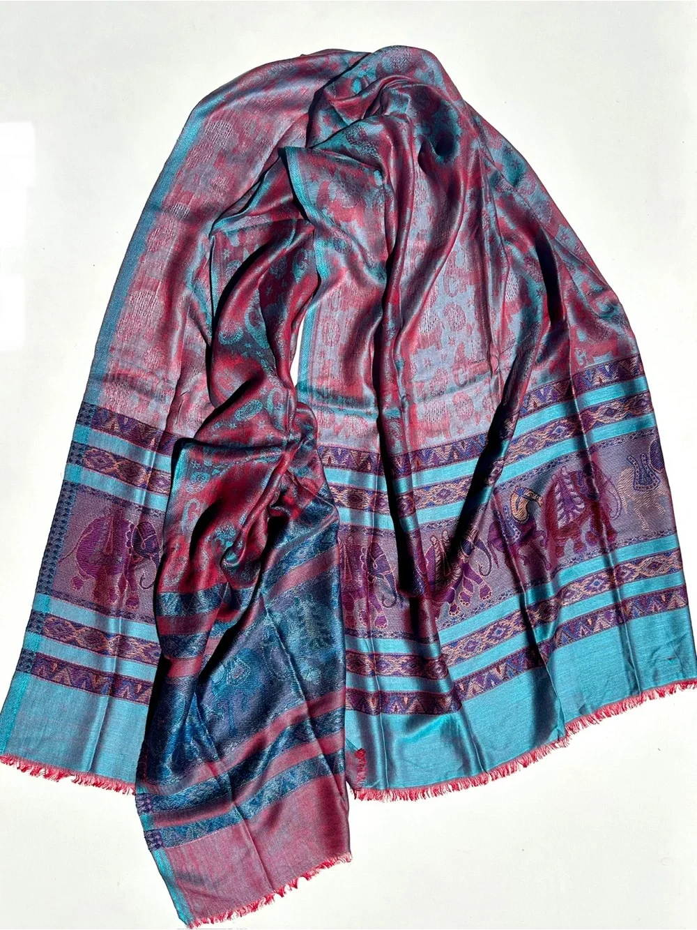 Pashmina & Silk Paisley Elephant Wrap Scarf in Turquoise Purple Magenta Red